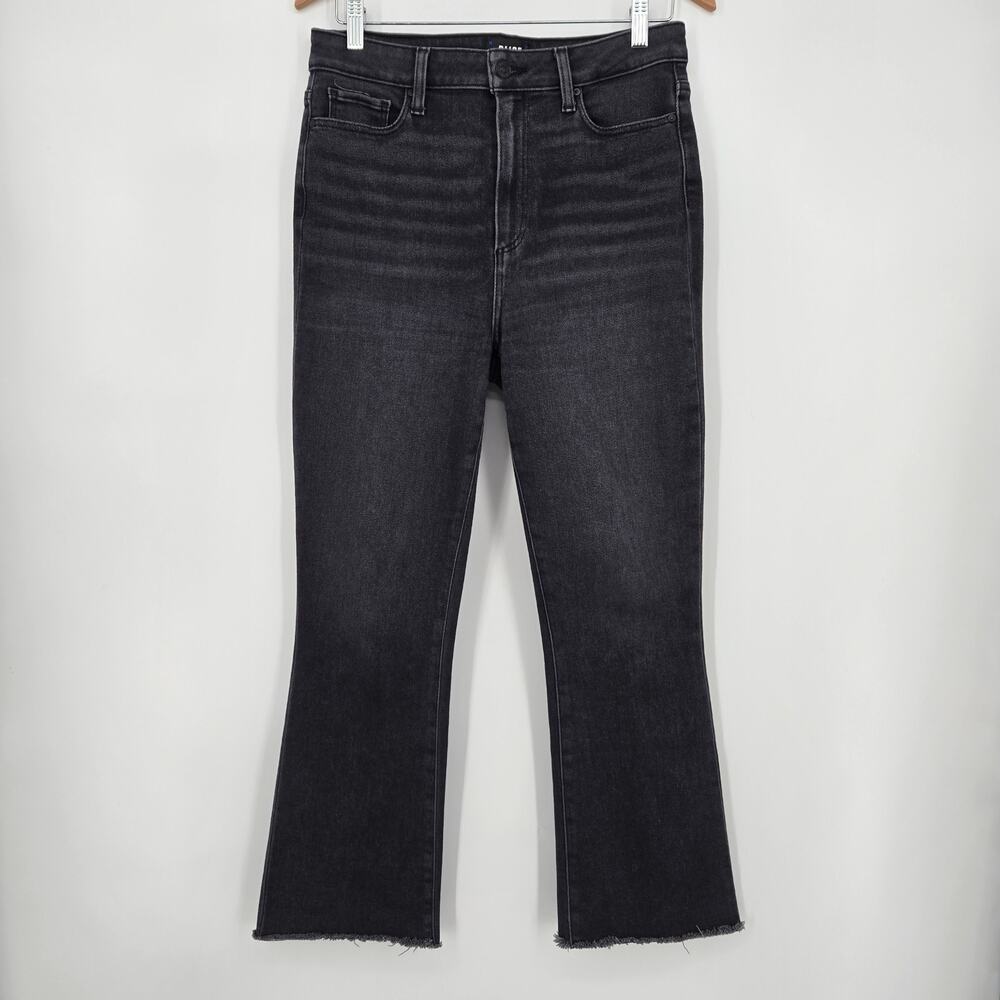 PAIGE Claudine High Rise Ankle Flare Jeans Raw Hem Size 29 Washed Black Denim